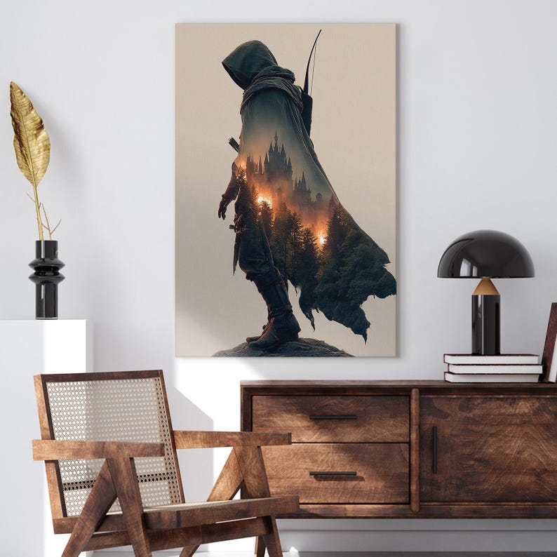 Fantasy Archer Wall Art, Hooded Figure Castle Forest Print, Epic Medieval Canvas Art Home Decor