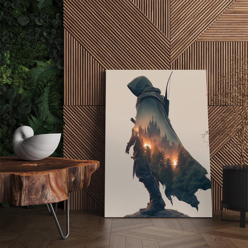 Fantasy Archer Wall Art, Hooded Figure Castle Forest Print, Epic Medieval Canvas Art Home Decor