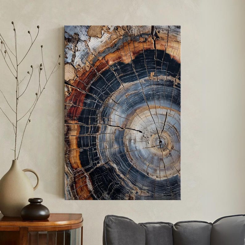 Petrified Wood Canvas Print, Abstract Tree Ring Wall Art, Natural Stone Wood Decor Boho