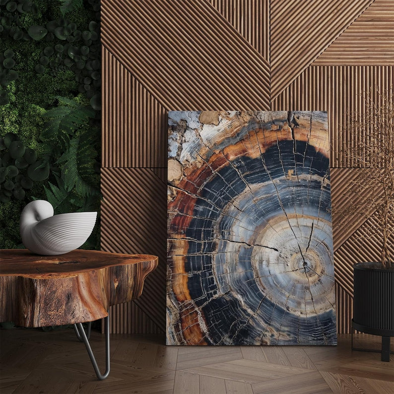 Petrified Wood Canvas Print, Abstract Tree Ring Wall Art, Natural Stone Wood Decor Boho