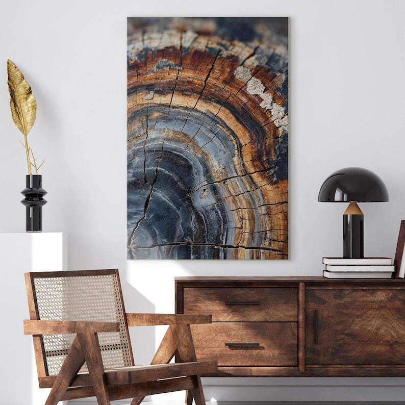 Petrified Wood Wall Art, Abstract Tree Ring Canvas Print, Unique Wood Grain Print, Earthy Nature Decor Boho