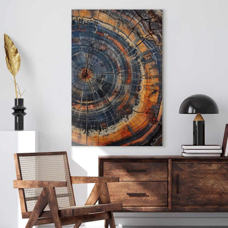 Petrified Wood Tree Ring Canvas Print, Abstract Nature Wall Art, Unique Wood Grain Art Print, Colorful Rustic Home Decor Boho