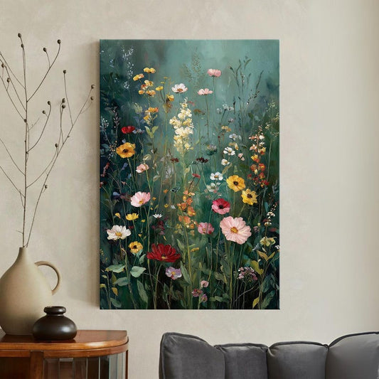 Vibrant Wildflower Field Canvas Print, Oil Painting Style Floral Wall Art, Modern Botanical Home Decor, Framed Vintage Botanical Landscape