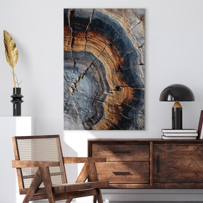Petrified Wood Tree Ring Canvas Print | Abstract Wood Grain Wall Art Decor Boho