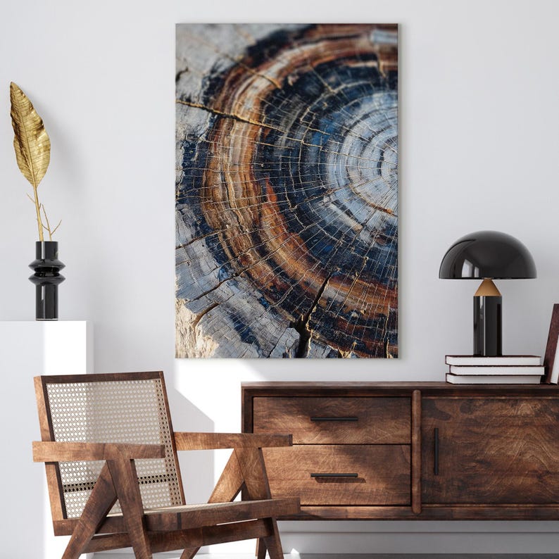 Petrified Wood Wall Art, Tree Ring Canvas Print, Abstract Nature Art, Earthy Decor Boho
