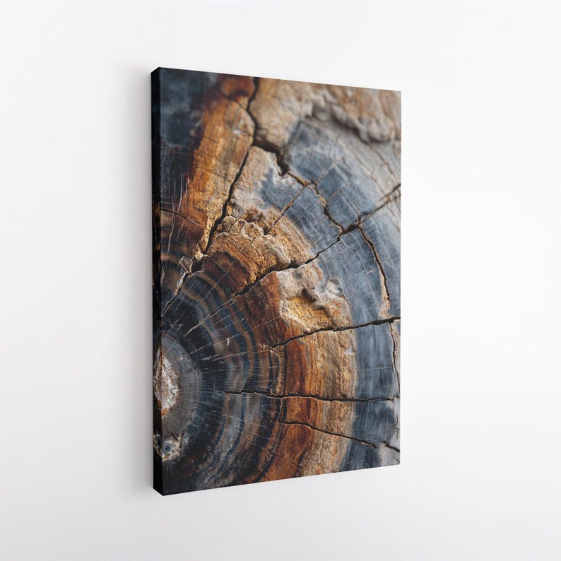 Abstract Petrified Wood Wall Art | Blue Orange Stone Texture Canvas Print | Unique Rustic Home Decor