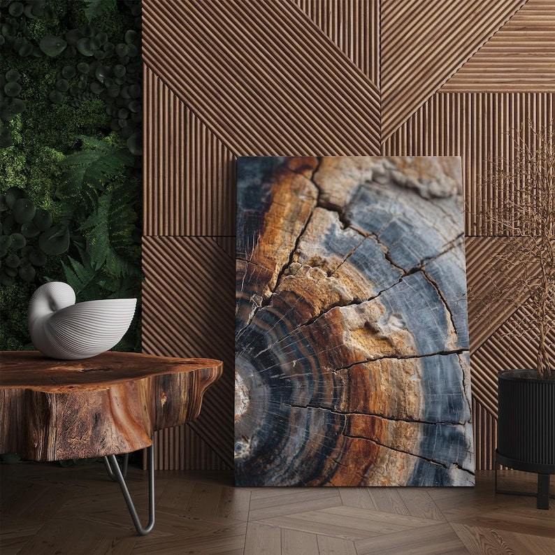 Abstract Petrified Wood Wall Art | Blue Orange Stone Texture Canvas Print | Unique Rustic Home Decor