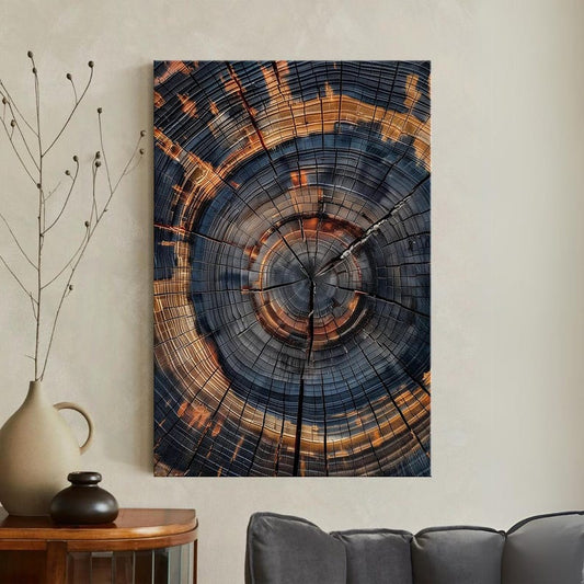 Tree Ring Canvas Print | Abstract Wood Grain Wall Art | Modern Rustic Home Decor | Dark Blue Orange Texture Art Boho