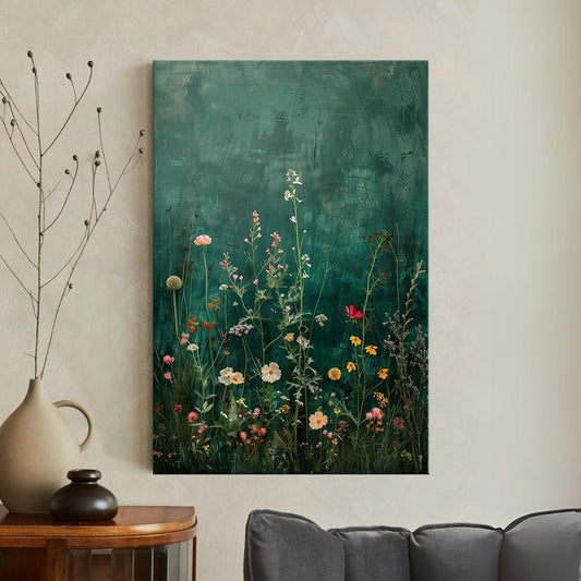 Wildflower Canvas Print, Modern Botanical Wall Art, Dark Green Floral Art Print for Home Decor, Framed Ready To Hang, Oil Painting Style
