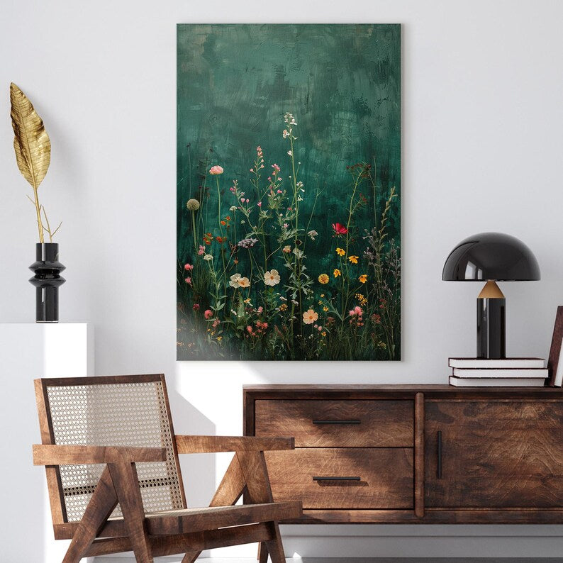 Wildflower Canvas Print, Modern Botanical Wall Art, Dark Green Floral Art Print for Home Decor, Framed Ready To Hang, Oil Painting Style