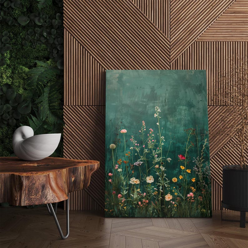 Wildflower Canvas Print, Modern Botanical Wall Art, Dark Green Floral Art Print for Home Decor, Framed Ready To Hang, Oil Painting Style
