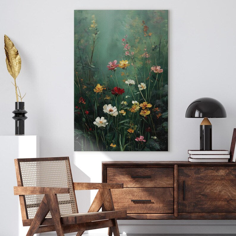Wildflower Field Canvas Print, Moody Floral Wall Art, Dark Botanical Oil Painting Style Print, Living Room Decor, Housewarming Gift, Large