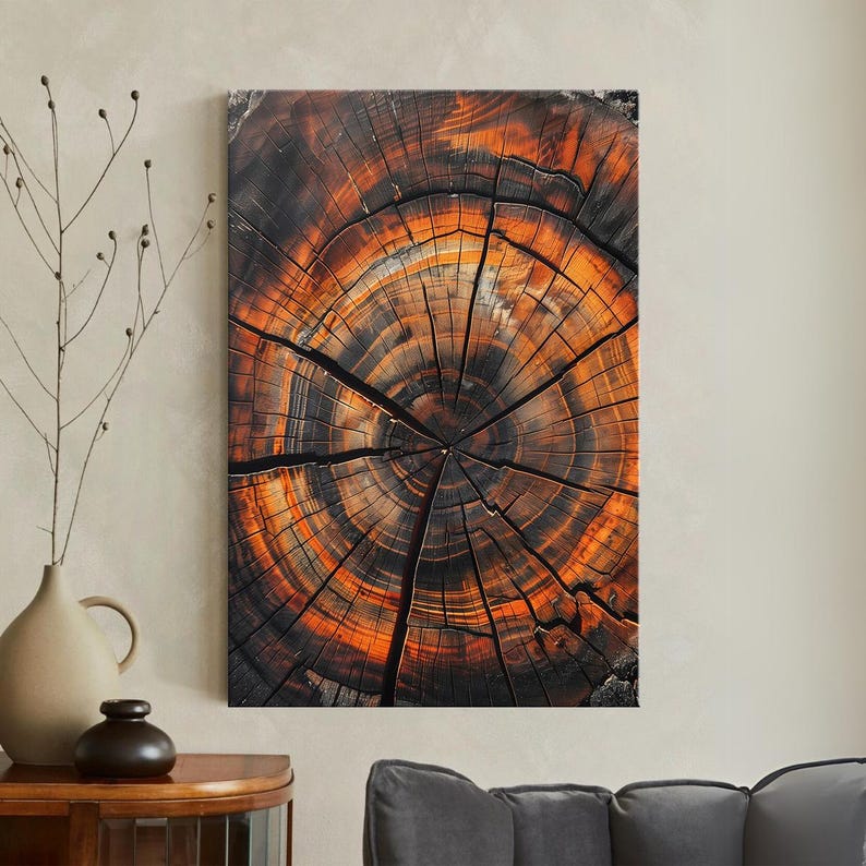 Orange Black Abstract Tree Ring Canvas Print, Modern Wood Slice Wall Art, Rustic Nature Home Decor Boho