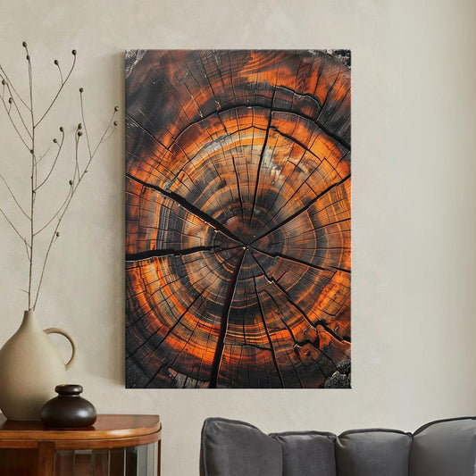 Orange Black Abstract Tree Ring Canvas Print, Modern Wood Slice Wall Art, Rustic Nature Home Decor Boho