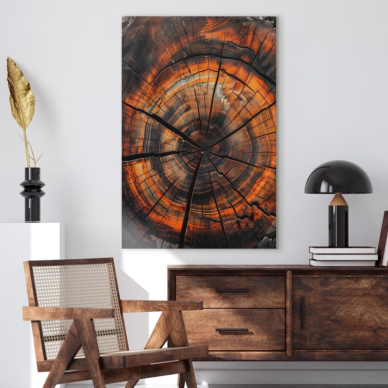 Orange Black Abstract Tree Ring Canvas Print, Modern Wood Slice Wall Art, Rustic Nature Home Decor Boho