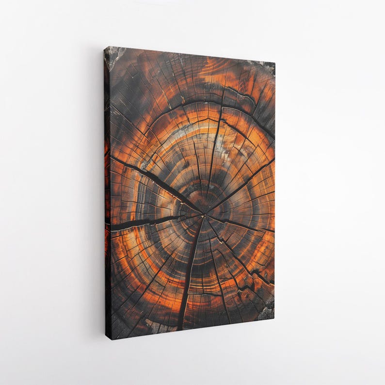 Orange Black Abstract Tree Ring Canvas Print, Modern Wood Slice Wall Art, Rustic Nature Home Decor Boho