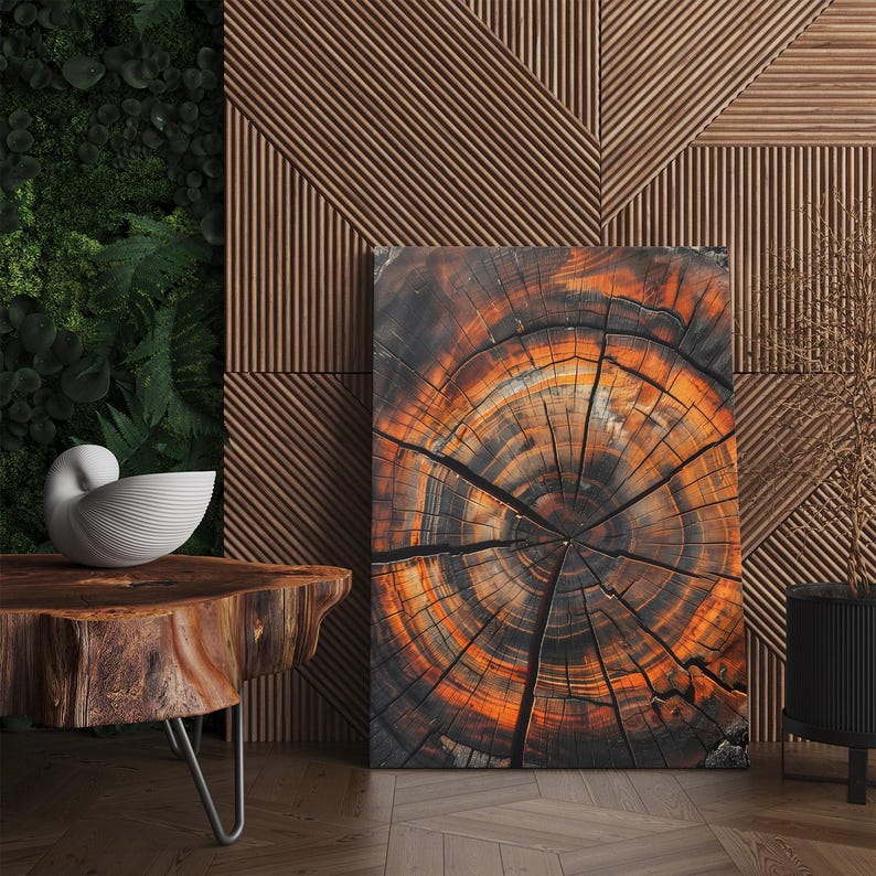 Orange Black Abstract Tree Ring Canvas Print, Modern Wood Slice Wall Art, Rustic Nature Home Decor Boho