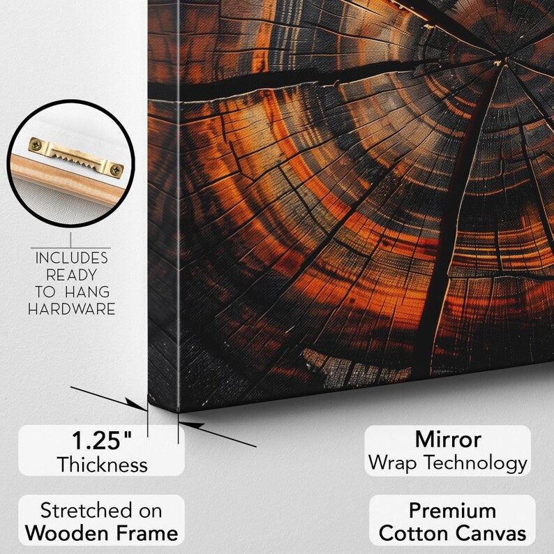 Orange Black Abstract Tree Ring Canvas Print, Modern Wood Slice Wall Art, Rustic Nature Home Decor Boho