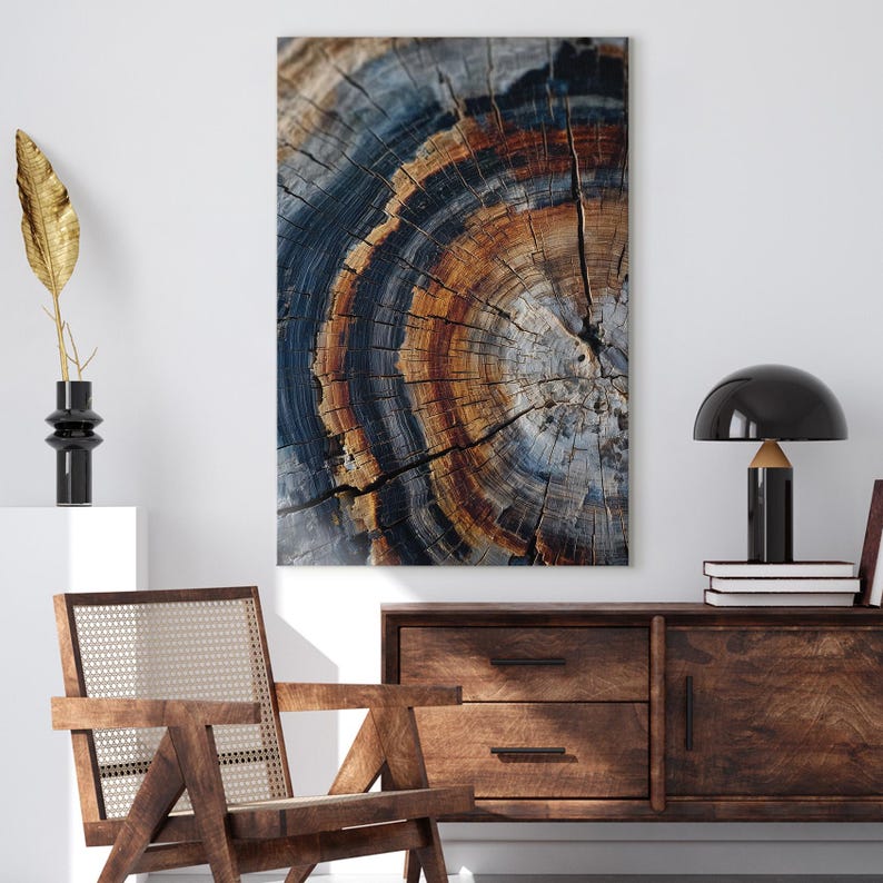 Abstract Blue Orange Tree Ring Canvas Print, Natural Wood Grain Wall Art, Rustic Modern Decor Boho