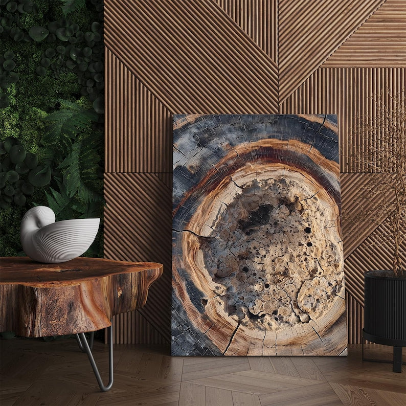 Petrified Wood Tree Ring Wall Art, Abstract Nature Canvas Print, Rustic Home Decor Print Boho