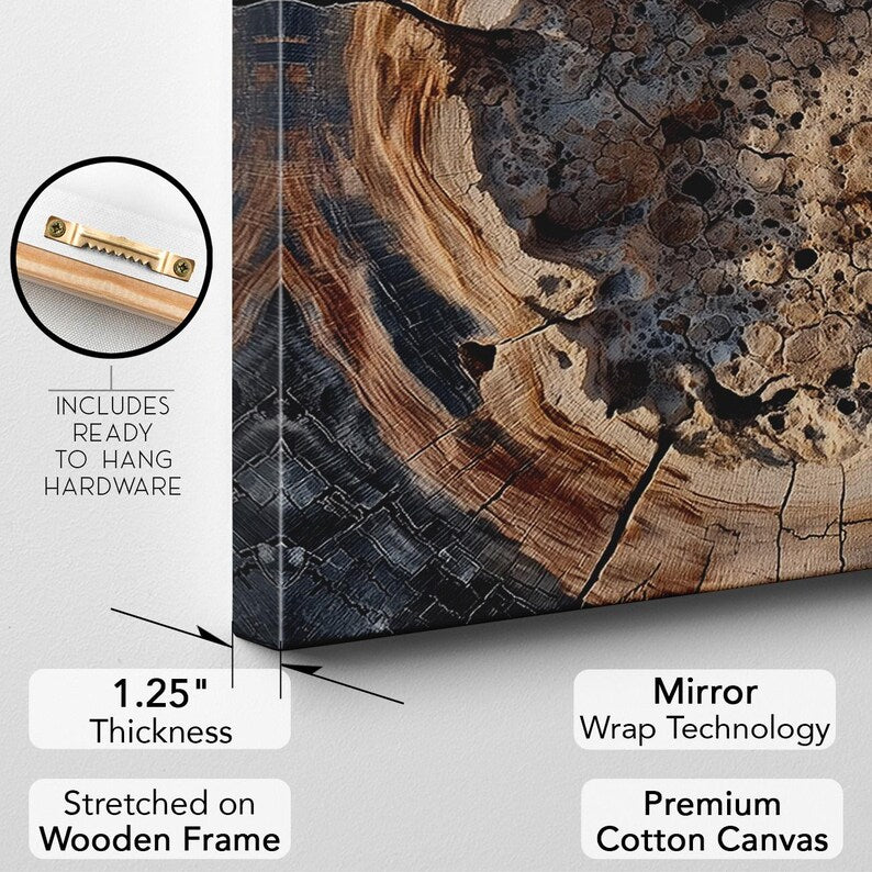 Petrified Wood Tree Ring Wall Art, Abstract Nature Canvas Print, Rustic Home Decor Print Boho
