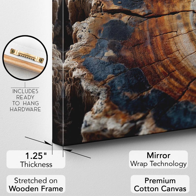 Petrified Wood Tree Ring Canvas Print | Abstract Wood Grain Wall Art Decor | Rustic Nature Print Boho