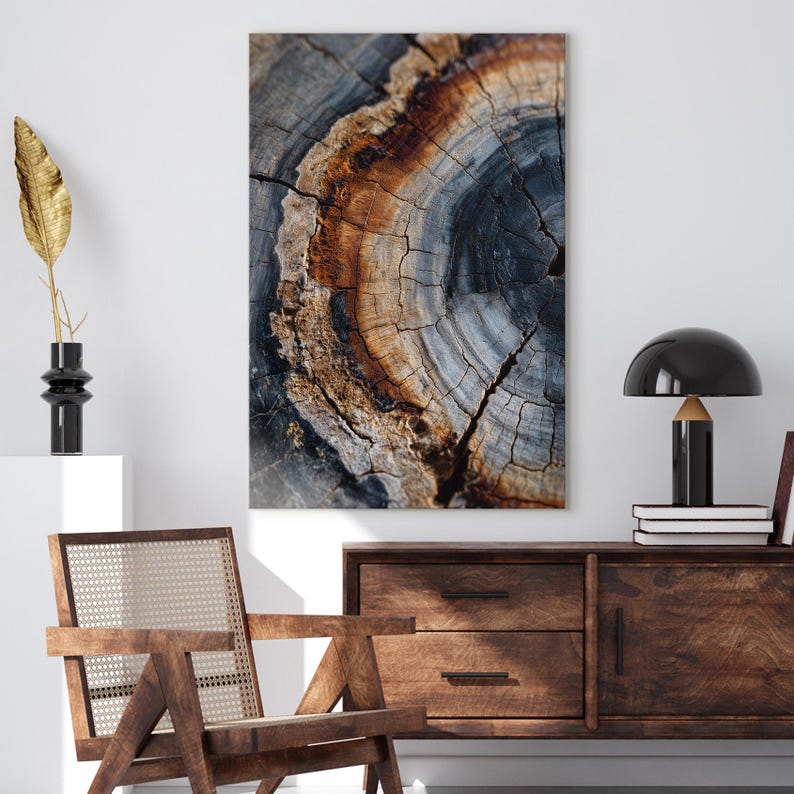 Tree Ring Wood Grain Canvas Wall Art | Rustic Nature Print | Abstract Organic Texture | Brown Grey Home Decor