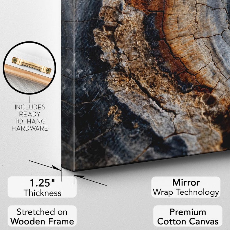 Tree Ring Wood Grain Canvas Wall Art | Rustic Nature Print | Abstract Organic Texture | Brown Grey Home Decor
