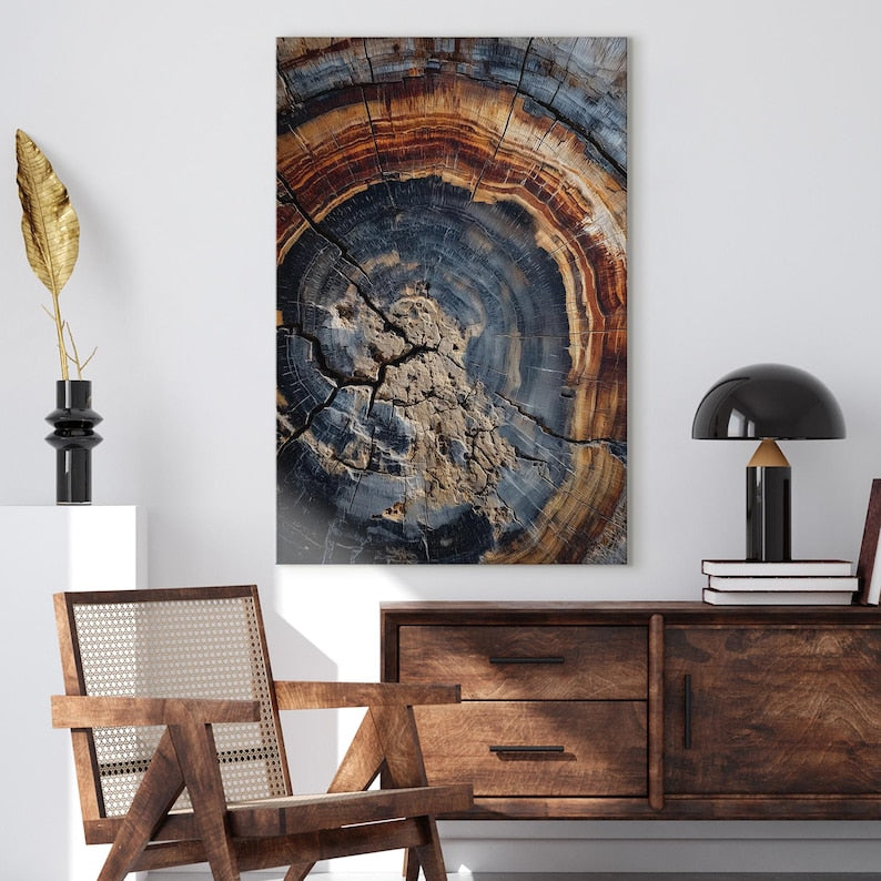 Tree Ring Canvas Print | Abstract Wood Grain Wall Art | Rustic Nature Decor | Blue Brown Earth Tones