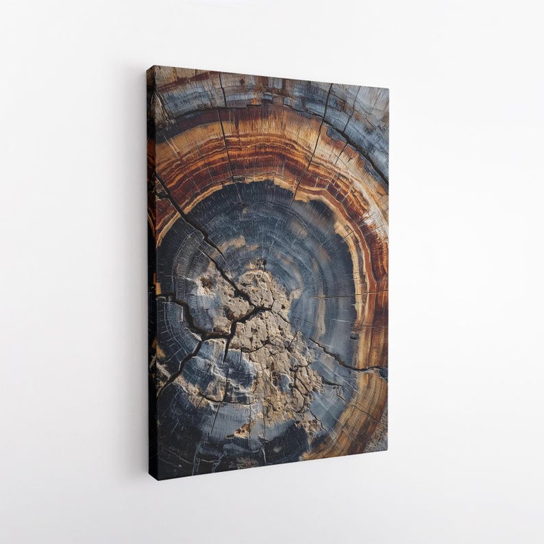 Tree Ring Canvas Print | Abstract Wood Grain Wall Art | Rustic Nature Decor | Blue Brown Earth Tones
