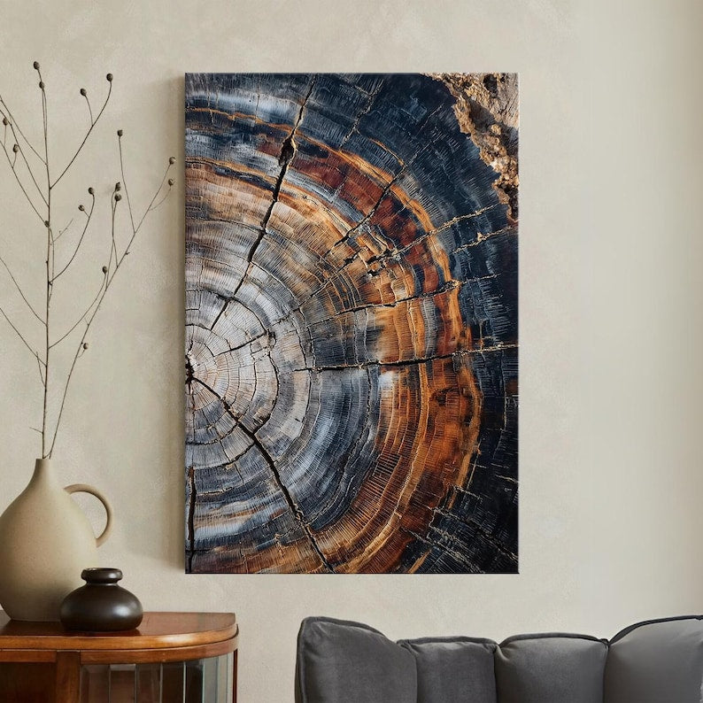 Petrified Wood Tree Ring Canvas Print | Abstract Rustic Wood Wall Art | Earth Tone Home Decor