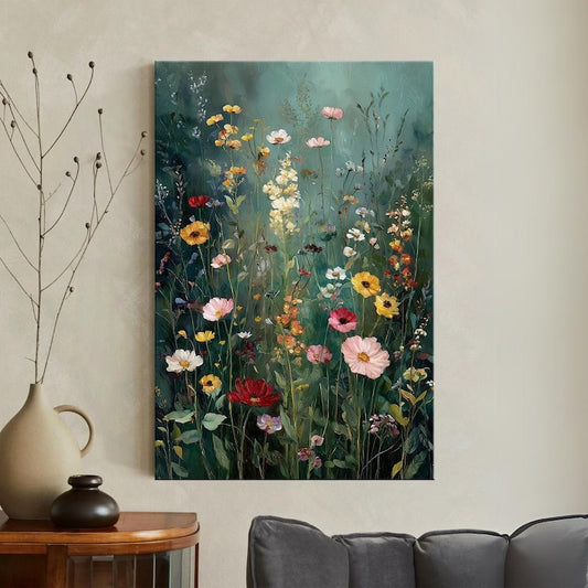Wildflower Meadow Canvas Print, Vibrant Floral Botanical Wall Art, Home Decor for Living Room Bedroom, Housewarming Gift, Uniq Vintage Gift