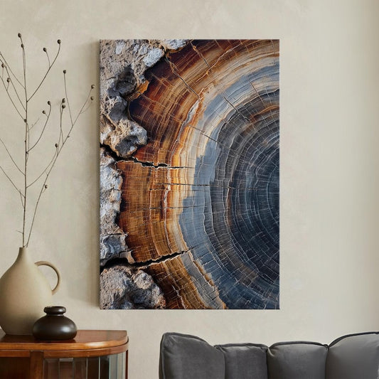 Petrified Wood Canvas Print | Abstract Tree Ring Wall Art | Natural Wood Grain Decor | Modern Earthy Brown Grey Art