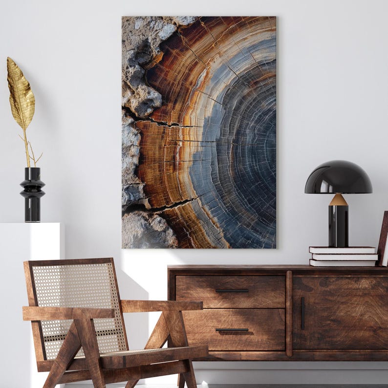 Petrified Wood Canvas Print | Abstract Tree Ring Wall Art | Natural Wood Grain Decor | Modern Earthy Brown Grey Art