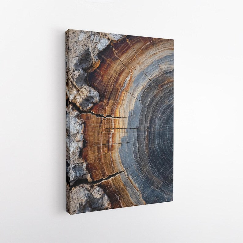 Petrified Wood Canvas Print | Abstract Tree Ring Wall Art | Natural Wood Grain Decor | Modern Earthy Brown Grey Art