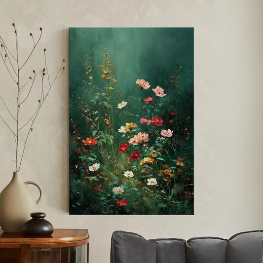 Wildflower Canvas Print, Botanical Floral Oil Painting Style Wall Art, Vibrant Green Garden Flower Home Decor, Housewarming Vintage Gift