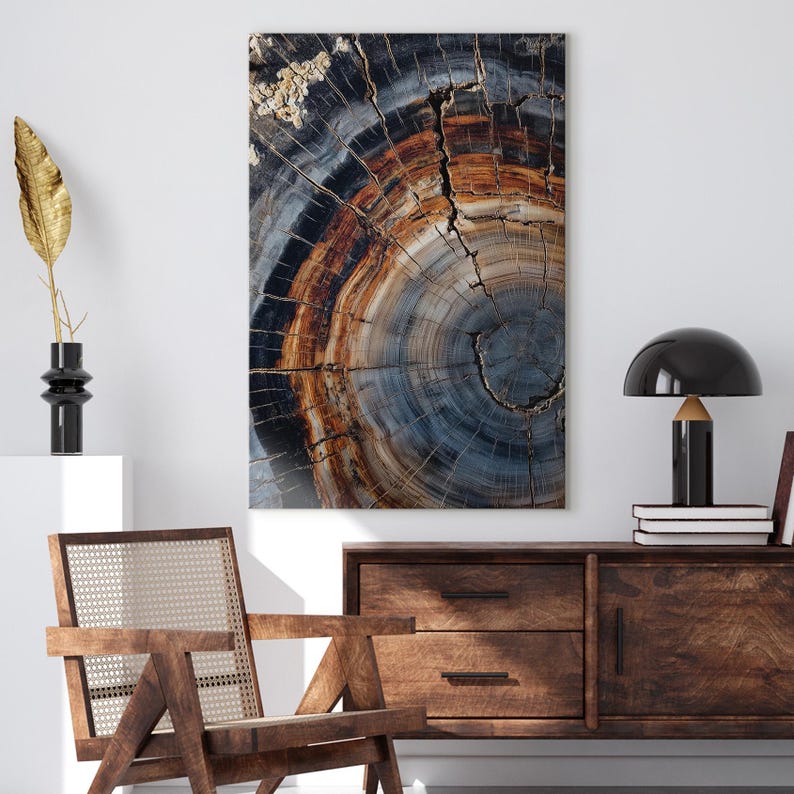 Petrified Wood Art Print, Colorful Tree Ring Canvas, Abstract Wood Grain Wall Art, Rustic Nature Home Decor