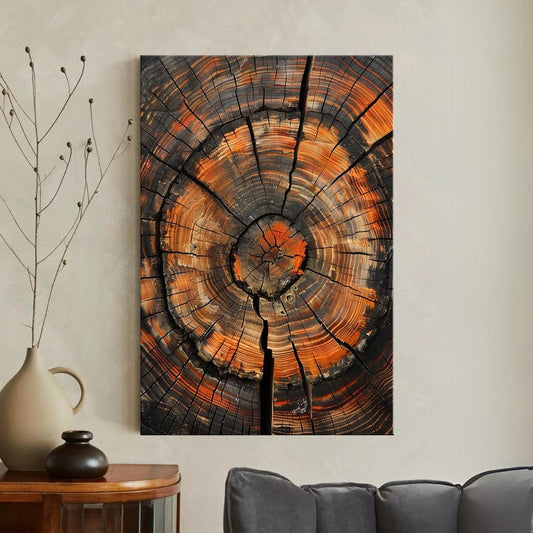 Abstract Tree Ring Canvas Print, Rustic Wood Slice Wall Art, Nature Decor, Earthy Orange & Black Print