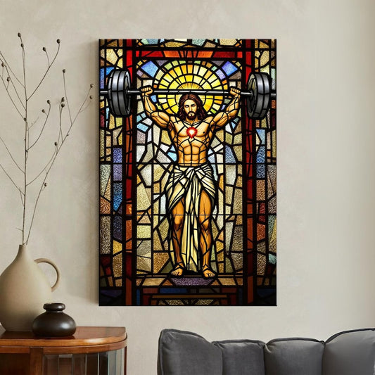 Stained Glass Weightlifting Jesus Canvas Print | Unique Religious Gym Art | Funny Workout Decor | Christian Home Wall Art