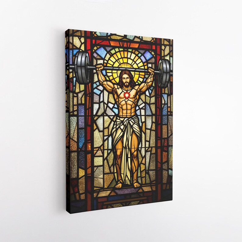 Stained Glass Weightlifting Jesus Canvas Print | Unique Religious Gym Art | Funny Workout Decor | Christian Home Wall Art