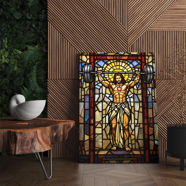 Stained Glass Weightlifting Jesus Canvas Print | Unique Religious Gym Art | Funny Workout Decor | Christian Home Wall Art