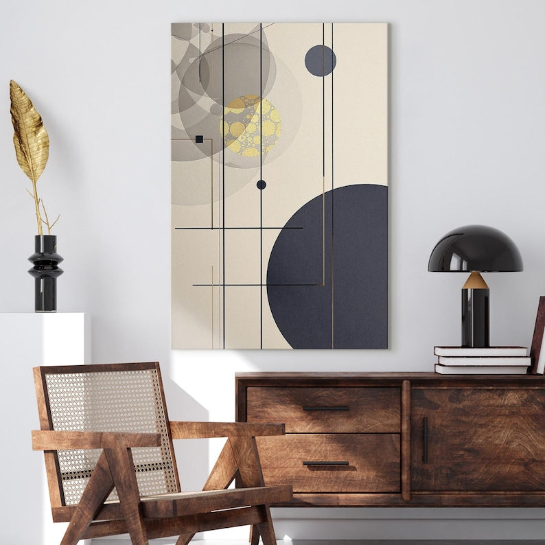 Abstract Geometric Art Canvas Print | Modern Circle Line Wall Decor | Neutral Gold Blue Minimalist Home Decor