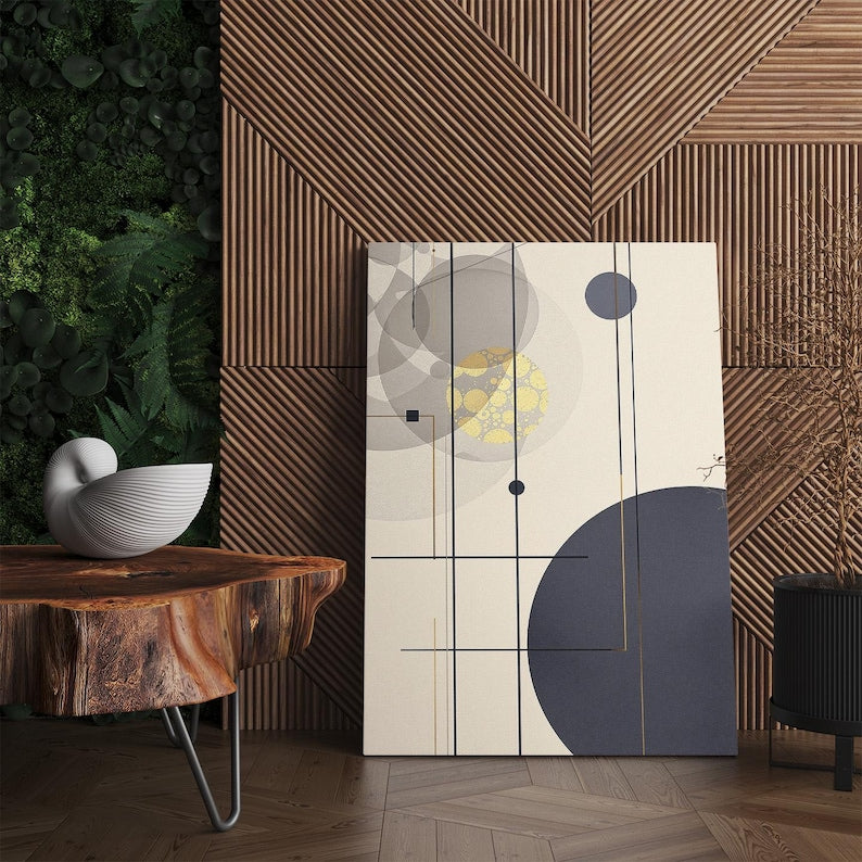 Abstract Geometric Art Canvas Print | Modern Circle Line Wall Decor | Neutral Gold Blue Minimalist Home Decor