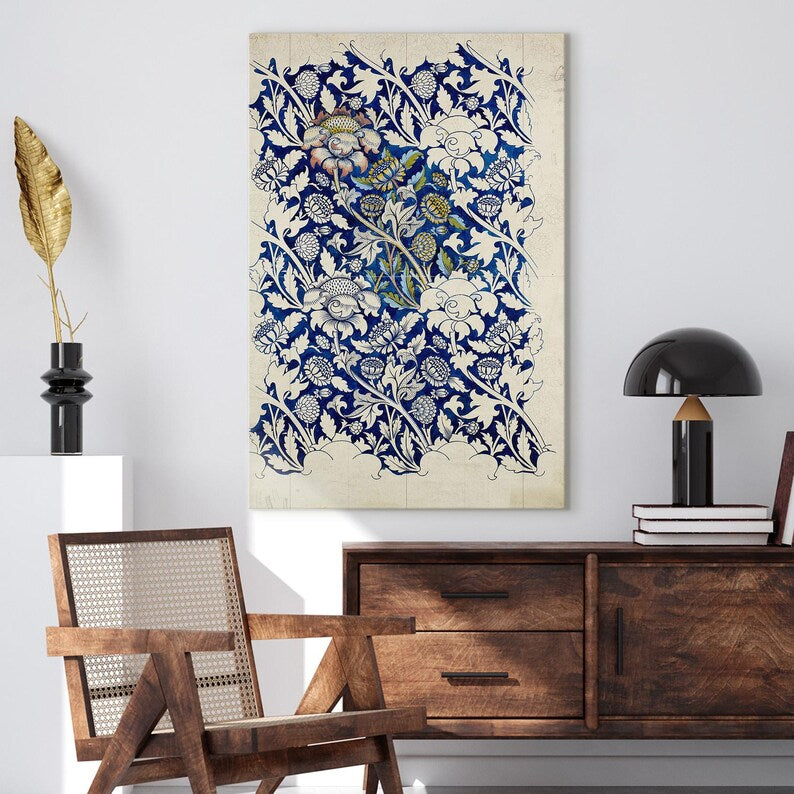 William Morris Vintage Blue Floral Pattern Canvas Print | Botanical Arts and Crafts Wall Art