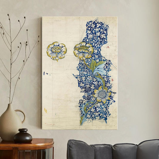 William Morris Style Canvas Print, Botanical Floral Wall Art, Vintage Arts & Crafts Design, Blue White Flower Home Decor