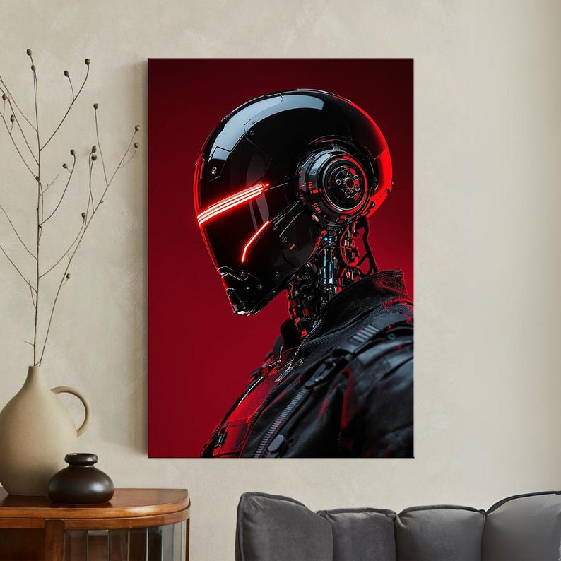 Cyberpunk Robot Wall Art | Futuristic Cyborg Head Canvas Print | Sci-Fi Decor for Modern Home Office | Dark Red Black Art