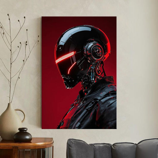 Cyberpunk Robot Wall Art | Futuristic Cyborg Head Canvas Print | Sci-Fi Decor for Modern Home Office | Dark Red Black Art