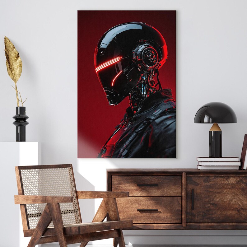 Cyberpunk Robot Wall Art | Futuristic Cyborg Head Canvas Print | Sci-Fi Decor for Modern Home Office | Dark Red Black Art