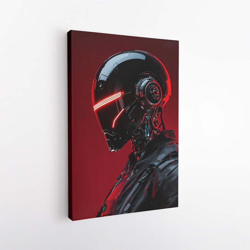 Cyberpunk Robot Wall Art | Futuristic Cyborg Head Canvas Print | Sci-Fi Decor for Modern Home Office | Dark Red Black Art