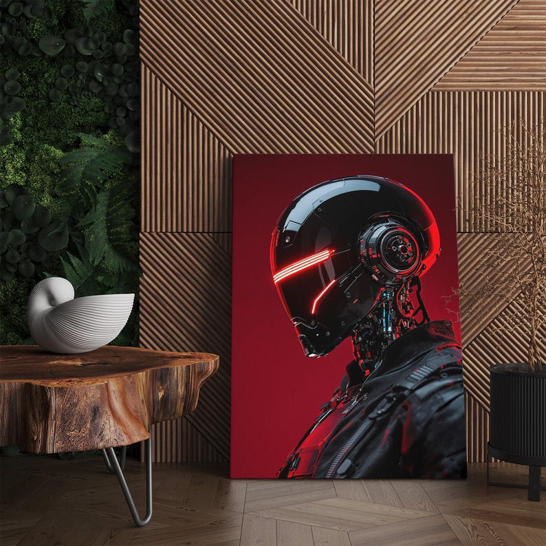 Cyberpunk Robot Wall Art | Futuristic Cyborg Head Canvas Print | Sci-Fi Decor for Modern Home Office | Dark Red Black Art